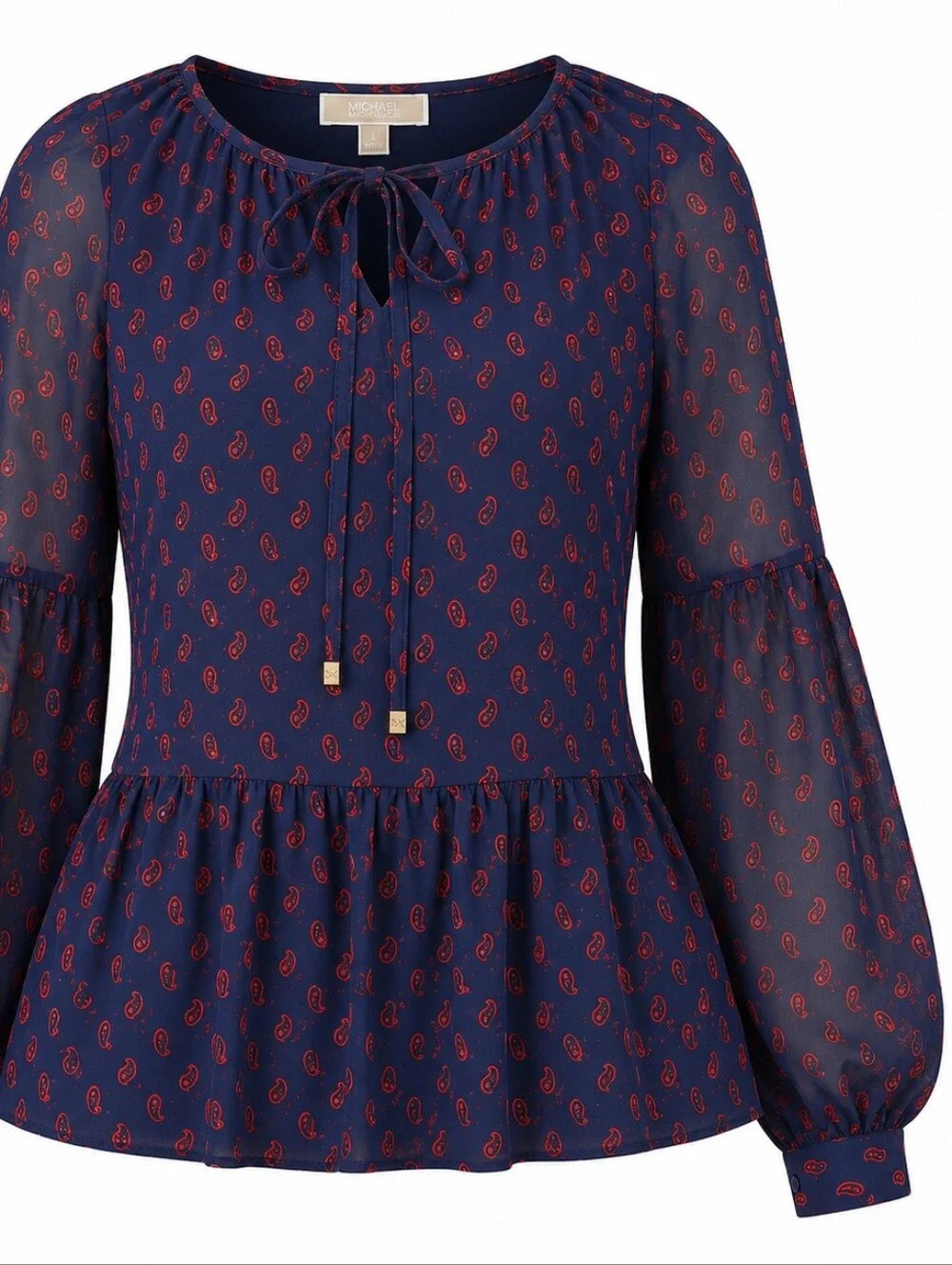 MICHAEL KORS | Navy Red Paisley Peplum Balloon Sleeve Sheer Blouse | L Petite